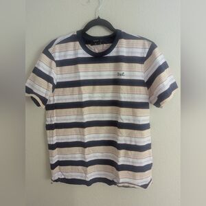 HUF Striped Short Sleeve Tee in Navy, Beige, and White